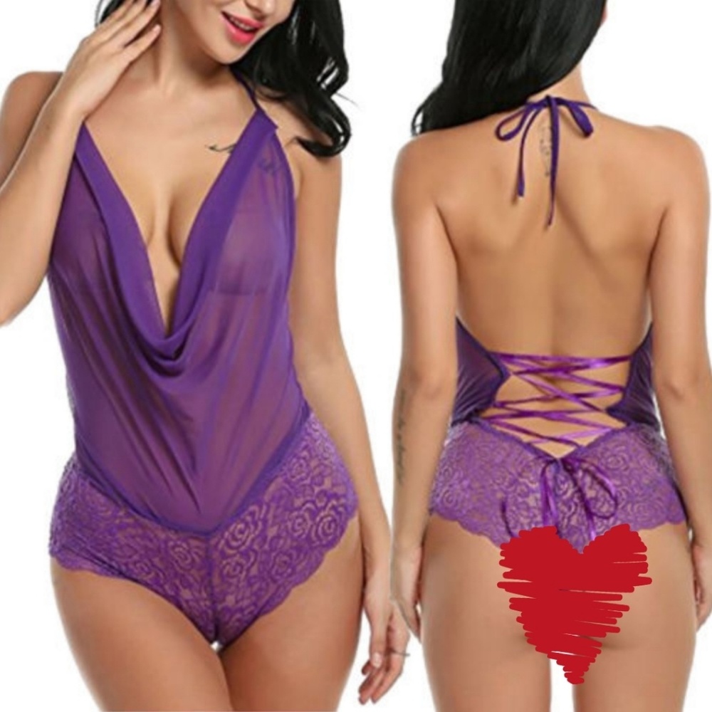 Purple Sheer Mesh Lace Halter Lace Up Bodysuit